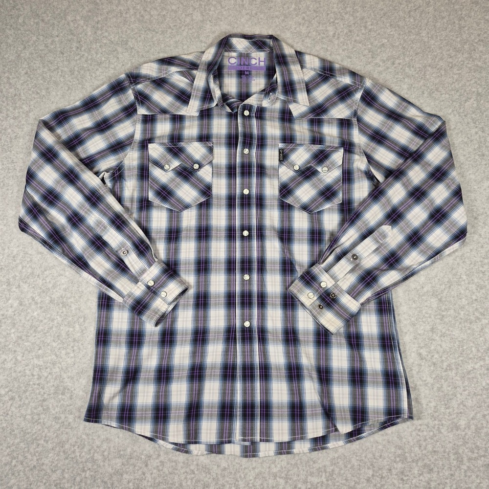 Cinch Western Pearl‎ Snap Shirt Mens Medium Purple Blue Plaid Modern Fit Cotton